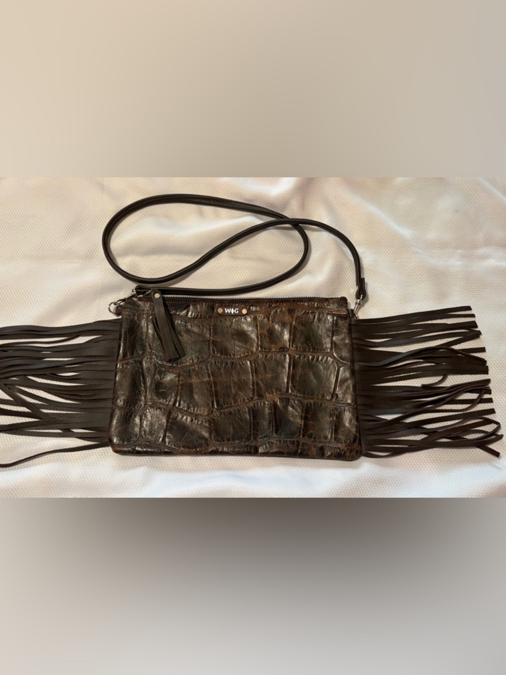 WILD GOOSE-Brown Croc-Embossed Leather Fringe Crossbody
